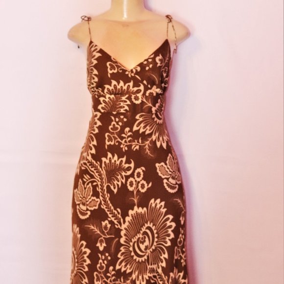 J CREW BROWN FLORAL SILK TIE STRAP SLIP FULLY LINED DRESS 12 - Picture 2 of 5